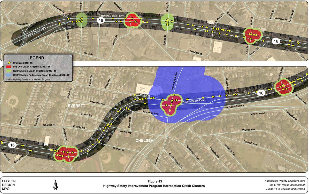 Figure 13
Highway Safety Improvement Program Intersection Crash Clusters
Figure 13 is a map of the study area showing Highway Safety Improvement Program intersection crash clusters.
